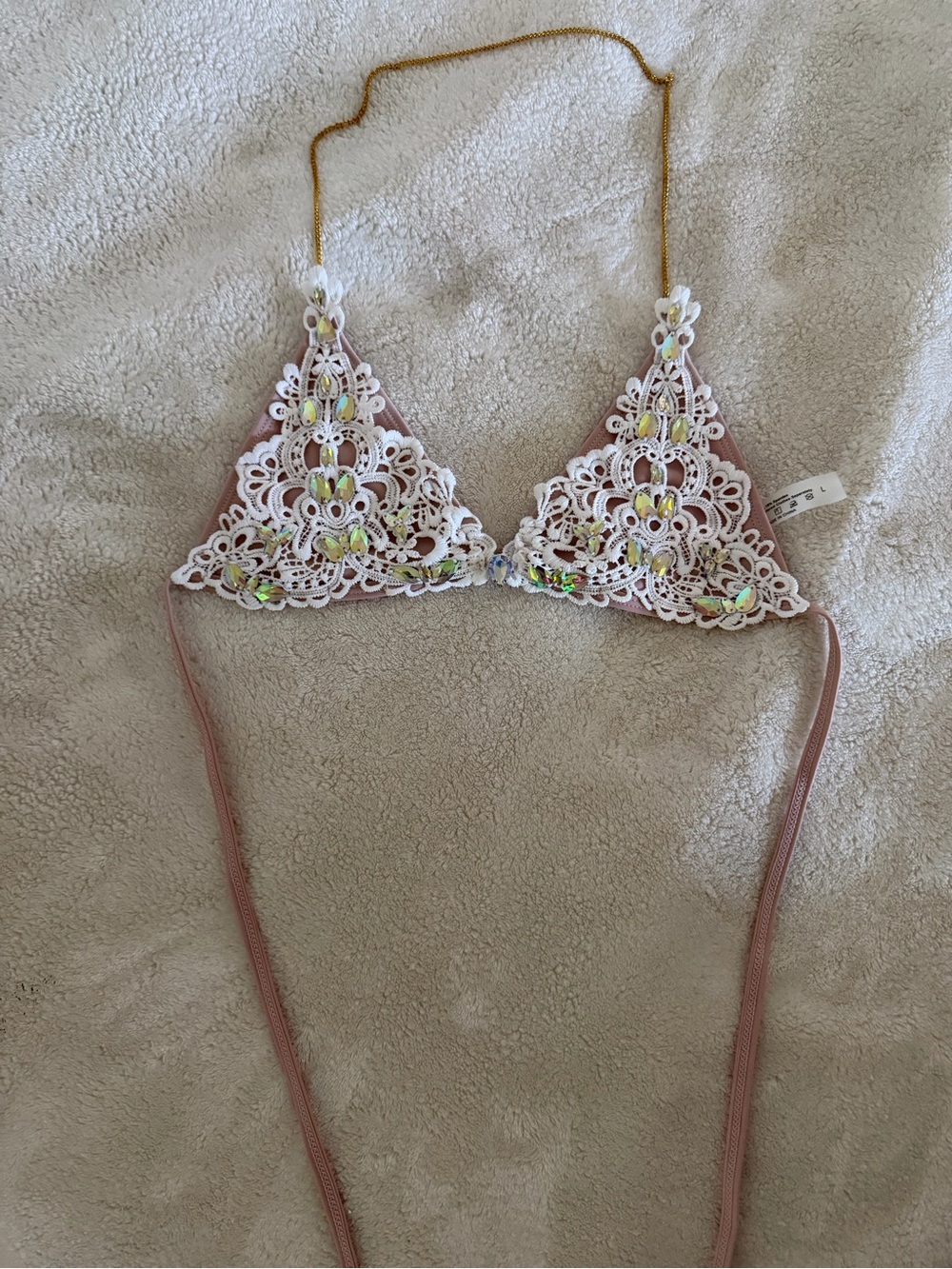 Pink Lace Triangle Bikini Top with Iridescent Beads
